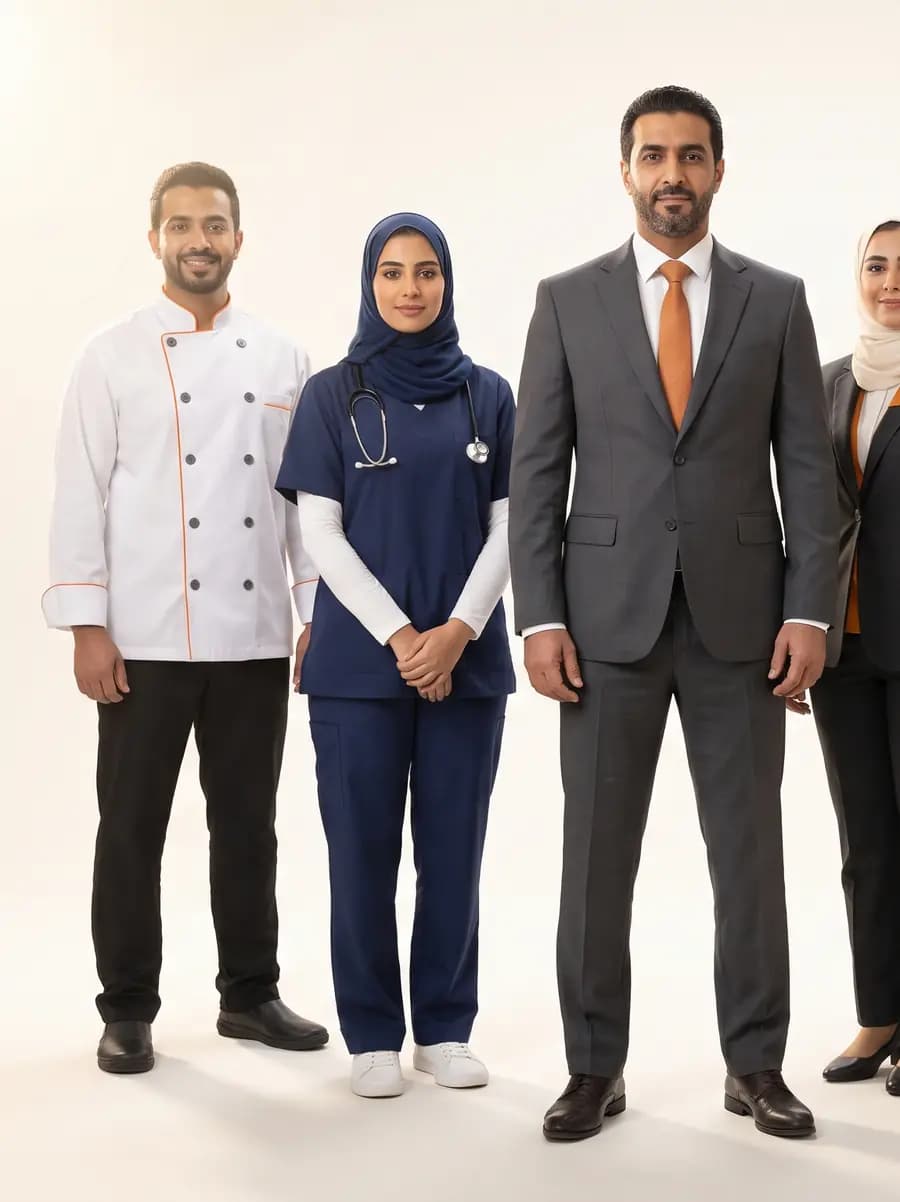 فريق عمل بأزياء Uni4my الموحدة: شيف، ممرضة، مدير، موظفة استقبال، وفني صيانة